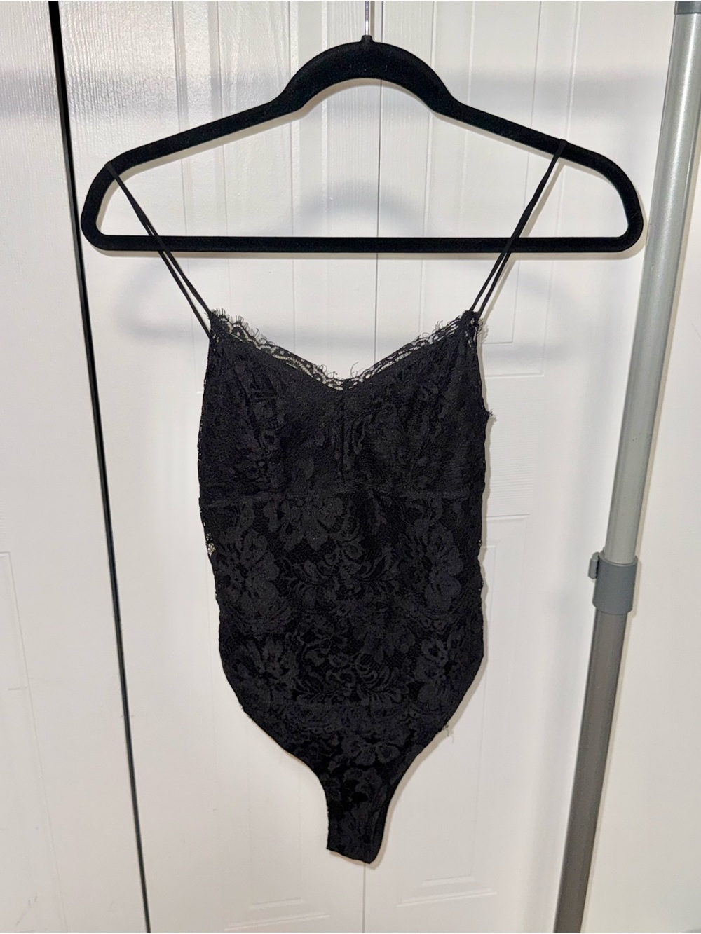 Topshop Black Lace V-Neck Bodysuit with Adjustable Spaghetti Straps